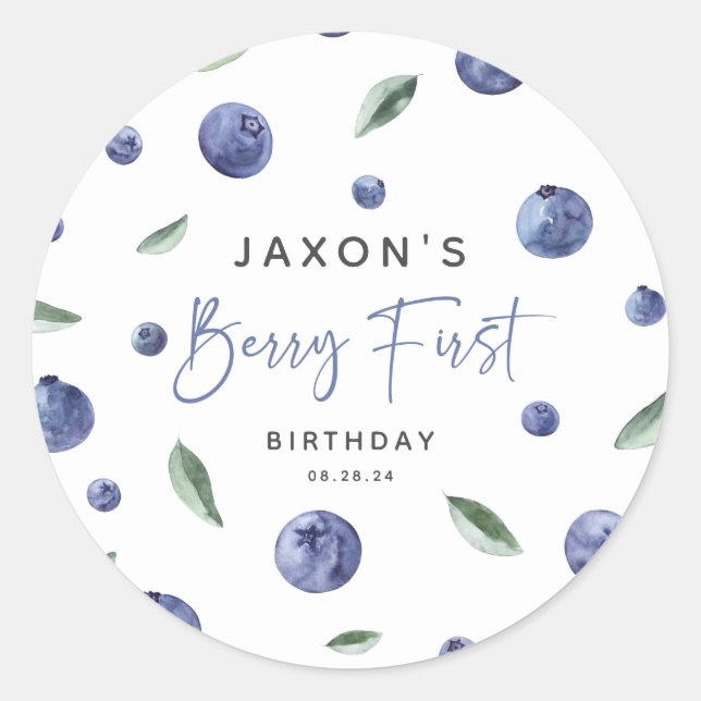 'Berry First' Blueberry 1st Birthday Classic Round Sticker (Front)