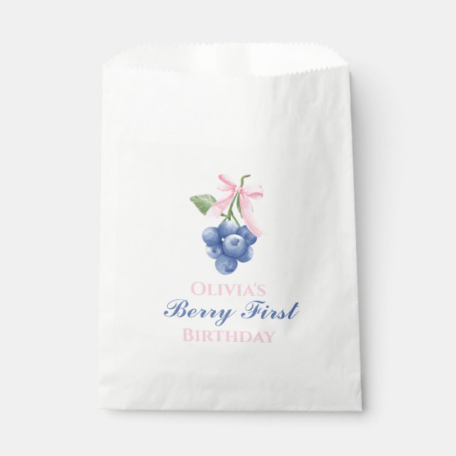 Berry First blueberry birthday Pink Bow Coquette Favour Bag (Front)