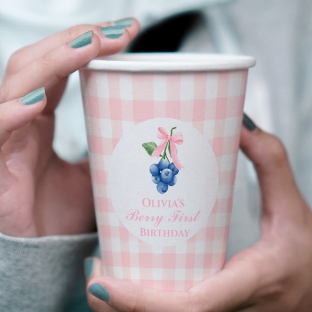 Berry First Blueberry birthday Pink Bow Gingham Paper Cups (Creator Uploaded)