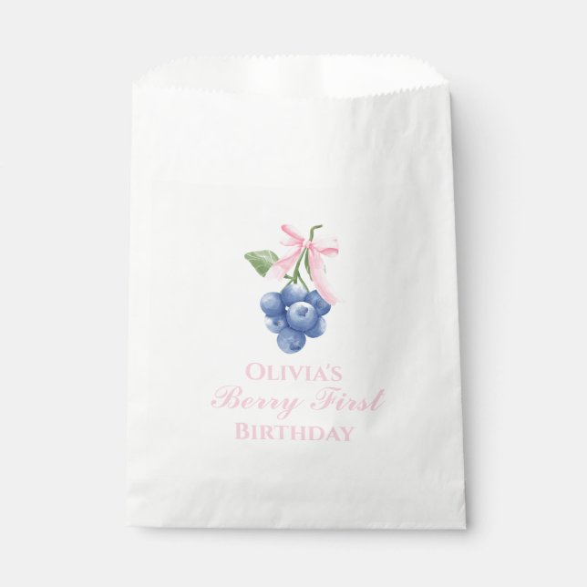 Berry First blueberry Coquette birthday Pink Bow Favour Bag (Front)