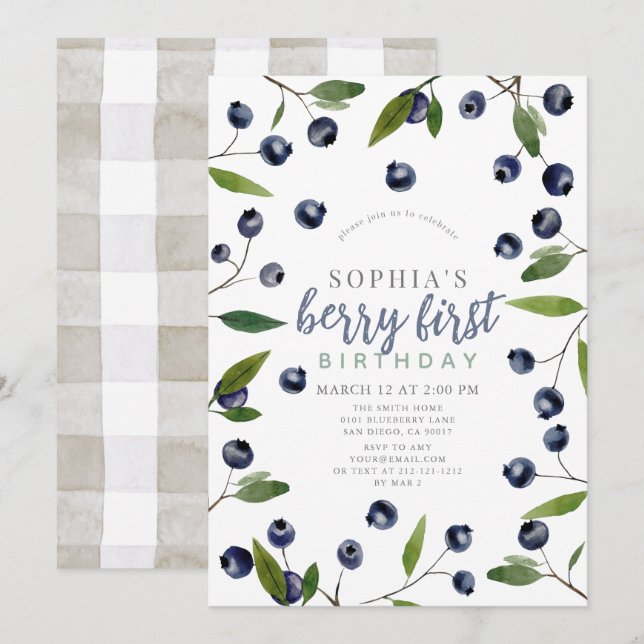 Berry First Blueberry Greenery 1st Birthday Invitation (Front/Back)