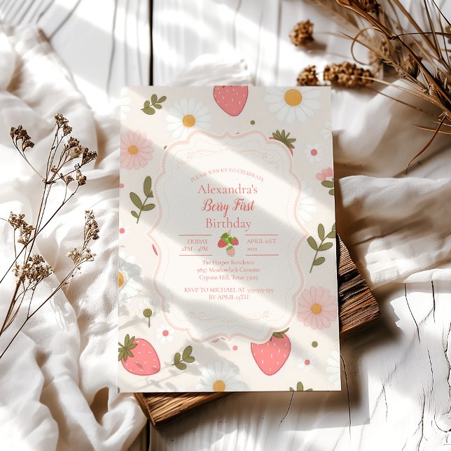 Berry First | Cute Strawberry Girl 1st Birthday Invitation (Creator Uploaded)