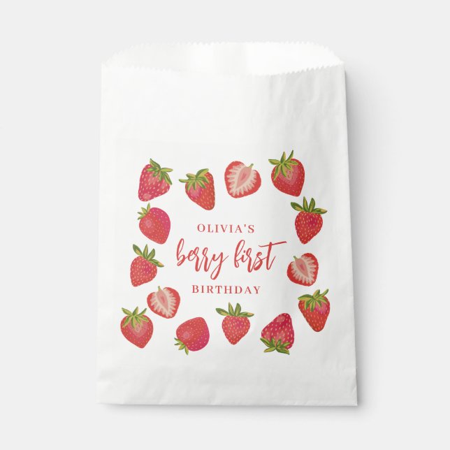 Berry First Girls strawberry Personalized Birthday Favour Bag (Front)