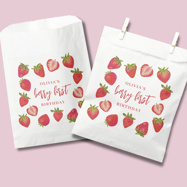 Berry First Girls strawberry Personalized Birthday Favour Bag (Personalised Berry First Strawberry Birthday favor bag, ideal for girls birthday part)