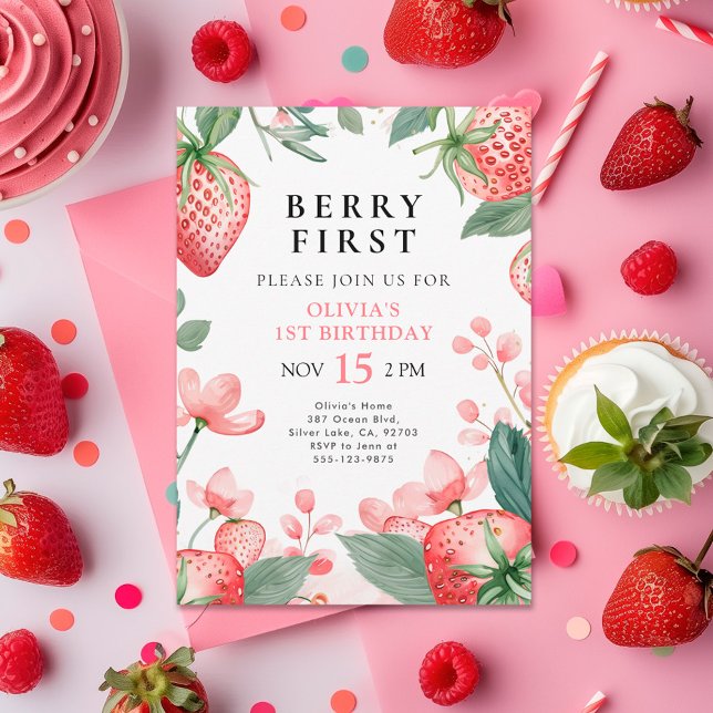 Berry First Pink Floral 1st Birthday Invitation (Creator Uploaded)