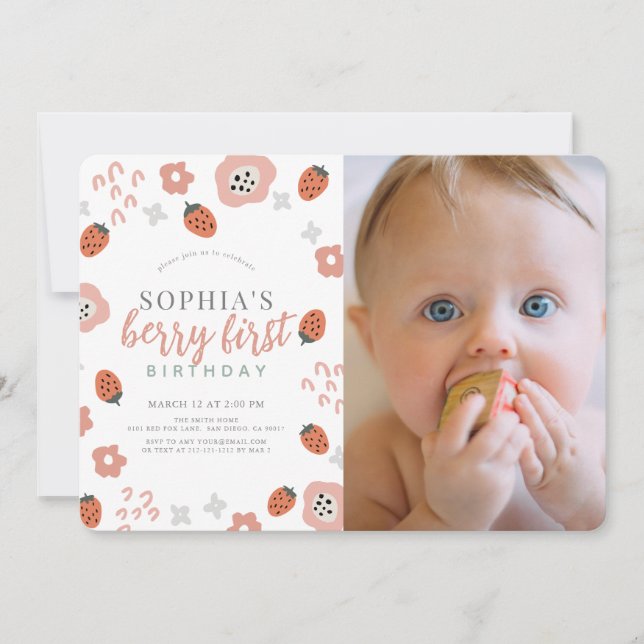 Berry First Pink Strawberry 1st Birthday Photo Invitation (Front)