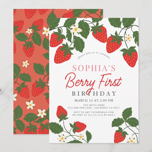 Berry First Red Strawberry Floral 1st Birthday Invitation (Front/Back)