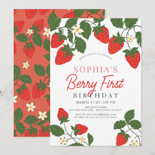 Berry First Red Strawberry Floral 1st Birthday Invitation