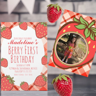 Berry First Strawberries Fruit Birthday Photo Invitation