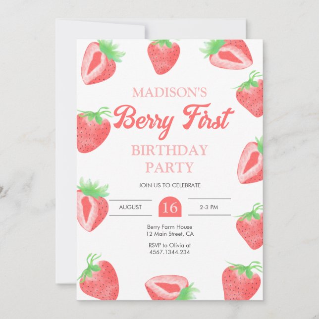 Berry First Strawberry 1er Invitation anniversaire (Devant)
