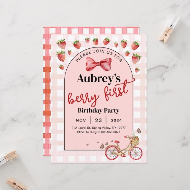 Berry First Strawberry 1er Invitation anniversaire (Devant/Arrière en situation)