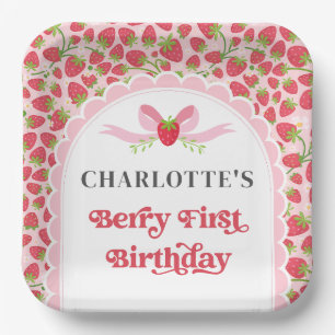 Berry First Strawberry 1st Birthday 9" Square Paper Plate