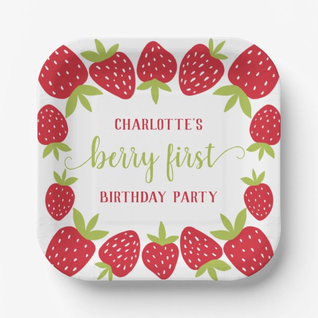  Berry First Strawberry 1st Birthday Party Custom Paper Plate (Front)