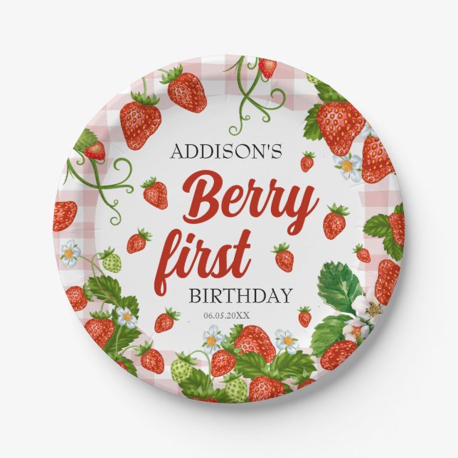 Berry First Strawberry 1st Birthday Party Custom Paper Plate (Front)