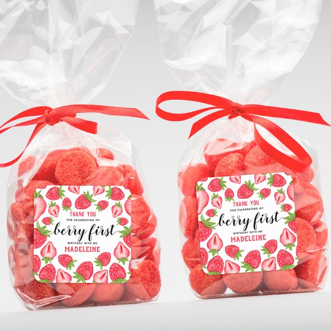 Berry First Strawberry 1st Birthday Party Custom Square Sticker (Creator Uploaded)