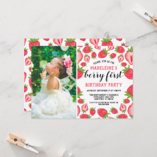 Berry First Strawberry 1st Birthday Party Photo Invitation