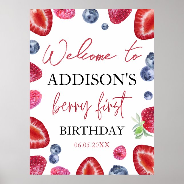 Berry First Strawberry 1st Birthday Party Welcome Poster (Front)