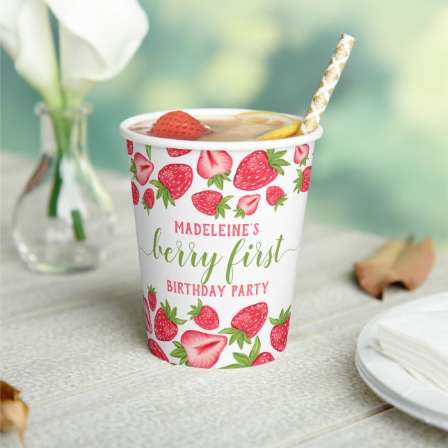 Berry First Strawberry 1st Birthday Personalized Paper Cups (Insitu)