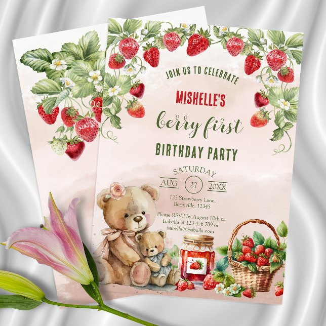Berry First Strawberry and Bear Birthday Invitation (Creator Uploaded)