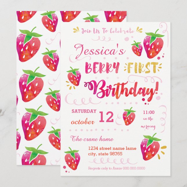 Berry First Strawberry Birthday Pary Invitation (Front/Back)
