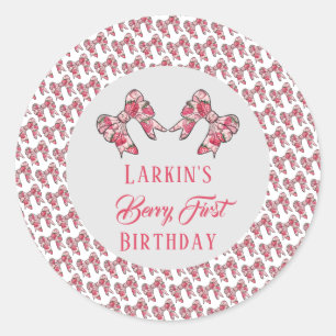 Berry first strawberry birthday Pink Bow Classic Round Sticker