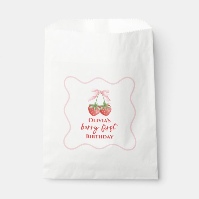 Berry first strawberry birthday Pink Bow Favour Bag (Front)
