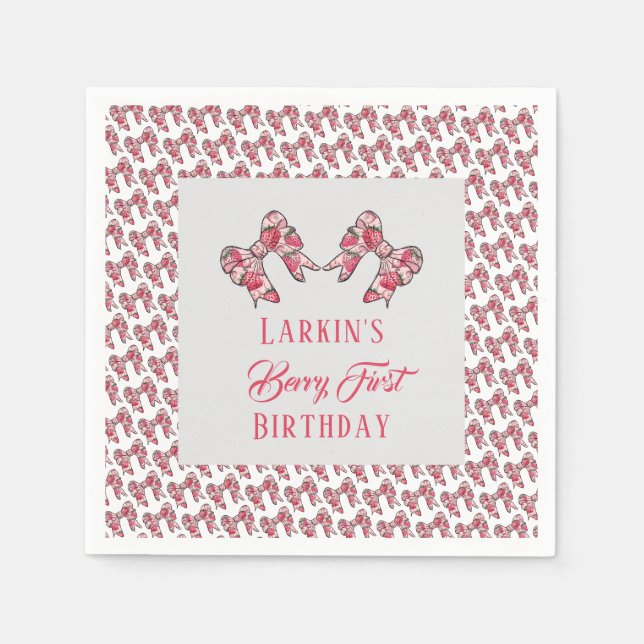 Berry first strawberry birthday Pink Bow Napkin (Front)
