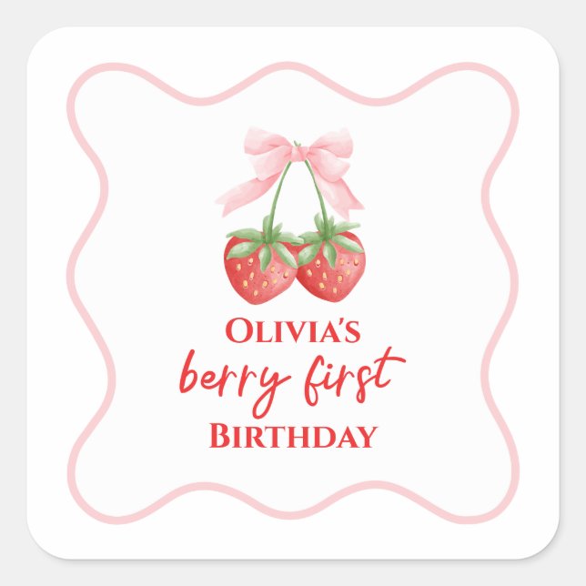 Berry first strawberry birthday Pink Bow Square Sticker (Front)
