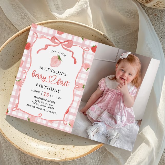 Berry First Strawberry Gingham 1st Birthday Photo Invitation (Creator Uploaded)