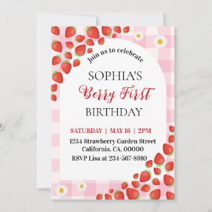 Berry First Strawberry gingham birthday invitation