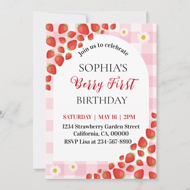 Berry First Strawberry gingham birthday invitation (Devant)