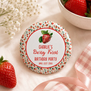Berry First Strawberry Girl 1st Birthday Party 1 Inch Round Button