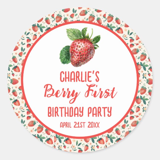 Berry First Strawberry Girl 1st Birthday Party  Classic Round Sticker (Front)
