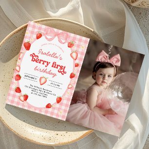 Berry First Strawberry Girl 1st Birthday Photo Invitation