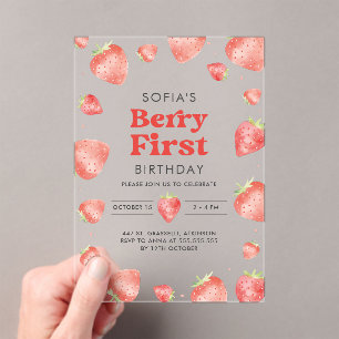 Berry First Strawberry Pattern 1st Summer Birthday Acrylic Invitations