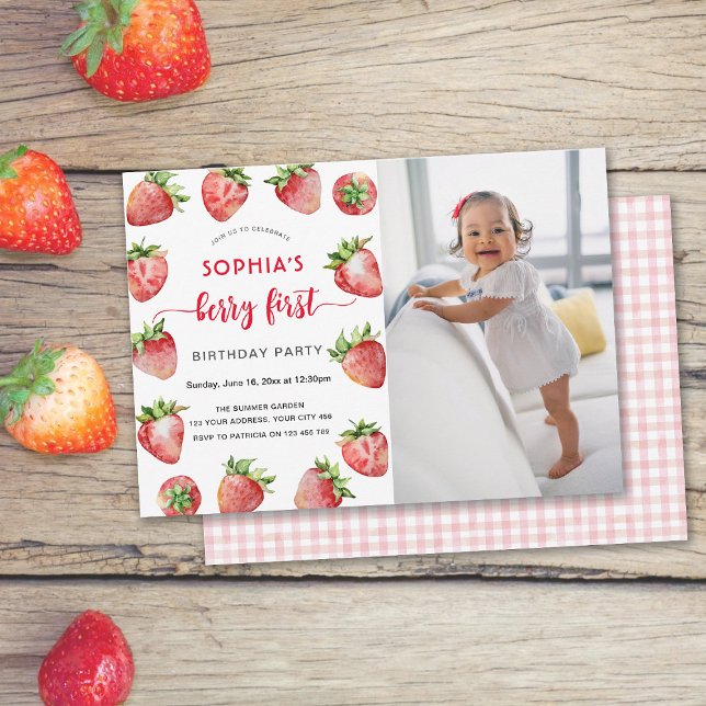 Berry First Strawberry Photo Baby Birthday Invitation (Creator Uploaded)