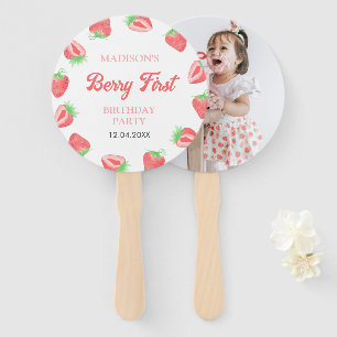 Berry First Strawberry Pink Birthday Party Photo Hand Fan