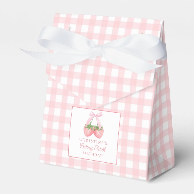 Berry First Strawberry Pink Bow 1st Birthday Favor Box (Front Side)