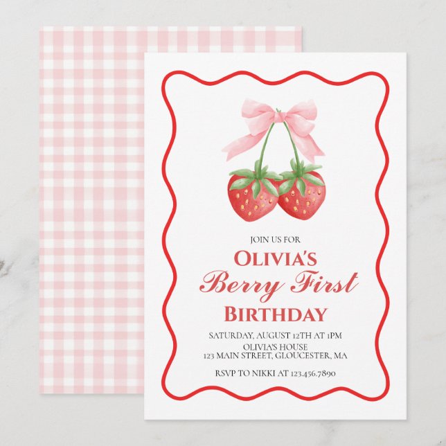 Berry First Strawberry Pink Bow 1st birthday Invitation (Front/Back)
