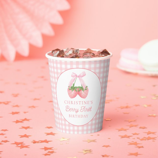 Berry First Strawberry Pink Bow 1st Birthday Paper Cups (Insitu)