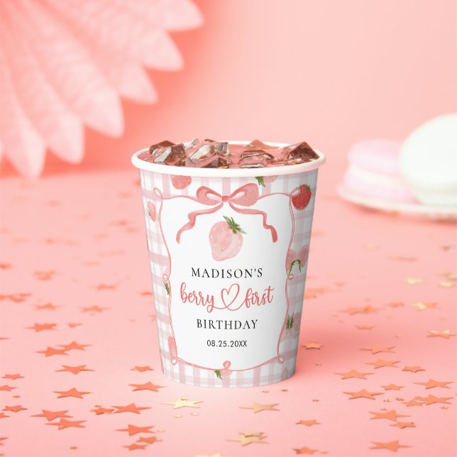 Berry First Strawberry Pink Gingham 1st Birthday Paper Cups (Insitu)