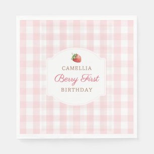 Berry First Strawberry Pink Gingham Birthday Party Napkin