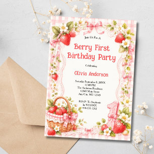 Berry First Strawberry Pink Gingham Girl Birthday Invitation