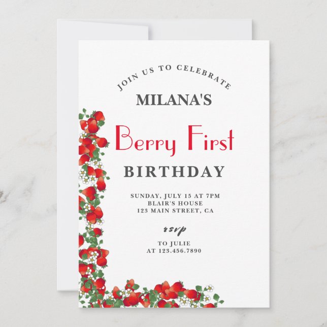 Berry First Watercolor Strawberry 1st Birthday  Invitation (Front)