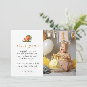 Berry First Watercolor Strawberry Birthday Photo Thank You Card
