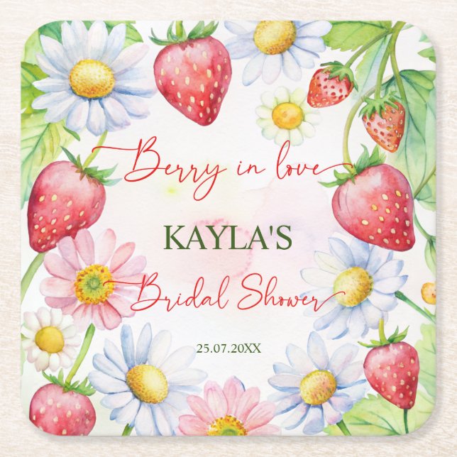Berry in love strawberry bridal shower favours square paper coaster (Front)