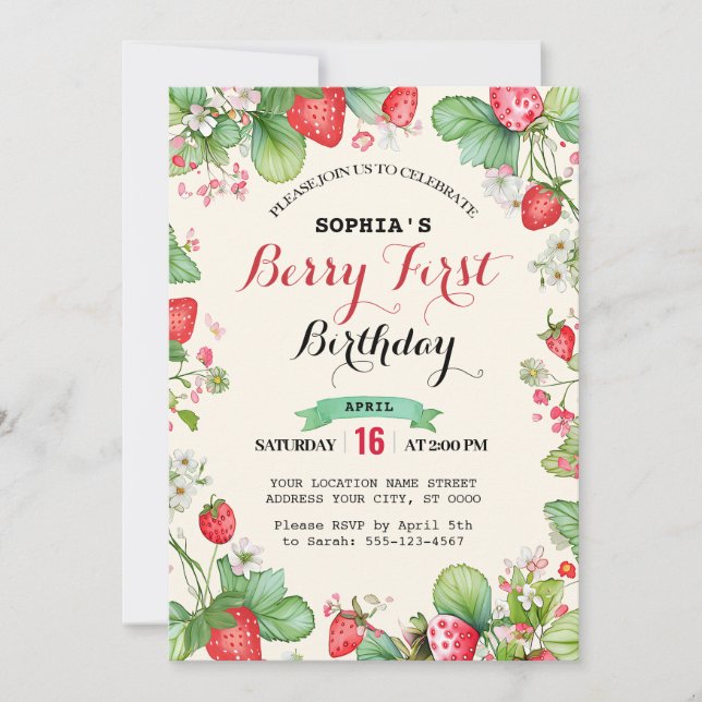 Berry Lovely First Birthday Invitation (Front)
