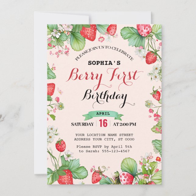 Berry Lovely First Birthday Invitation (Front)
