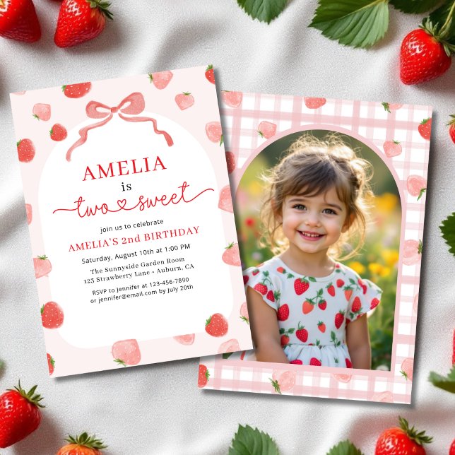 Berry Photo Two Sweet Strawberry 2nd Birthday Invitation (Creator Uploaded)