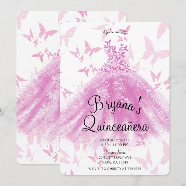Berry Pink Butterfly Dance Dress Quinceañera  Invitation (Front/Back)
